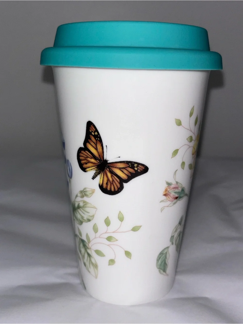 Lenox Butterfly Meadow monogram B ceramic travel tumbler mug w/ lid 12 oz EUC